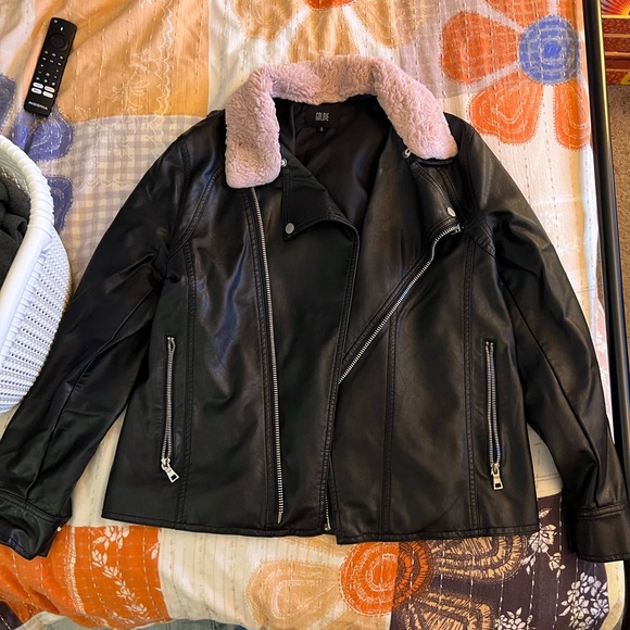 Pink Fuzzy Collar Leather Jacket - Picture 1 of 3